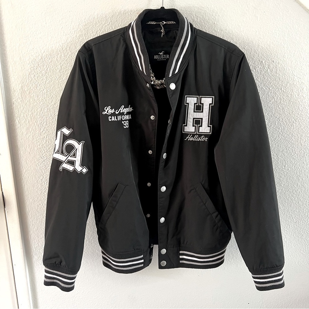 HOLLISTER Los Angeles Embroidered Bomber Letterman Jacket Coat Black